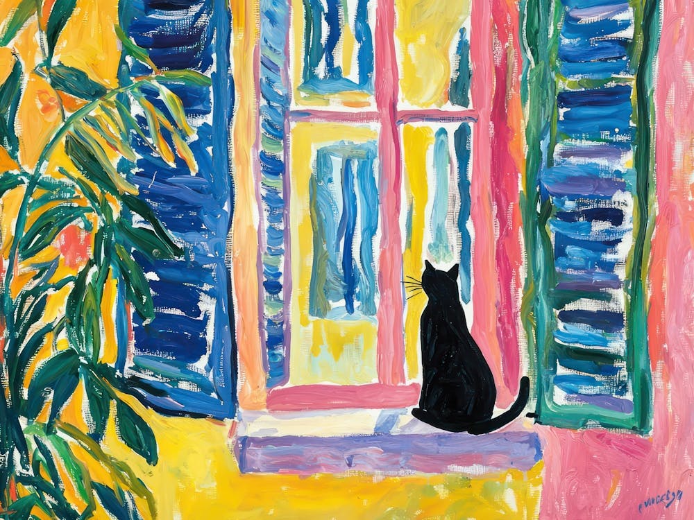Black Cat Open Window Matisse Style Landscape
