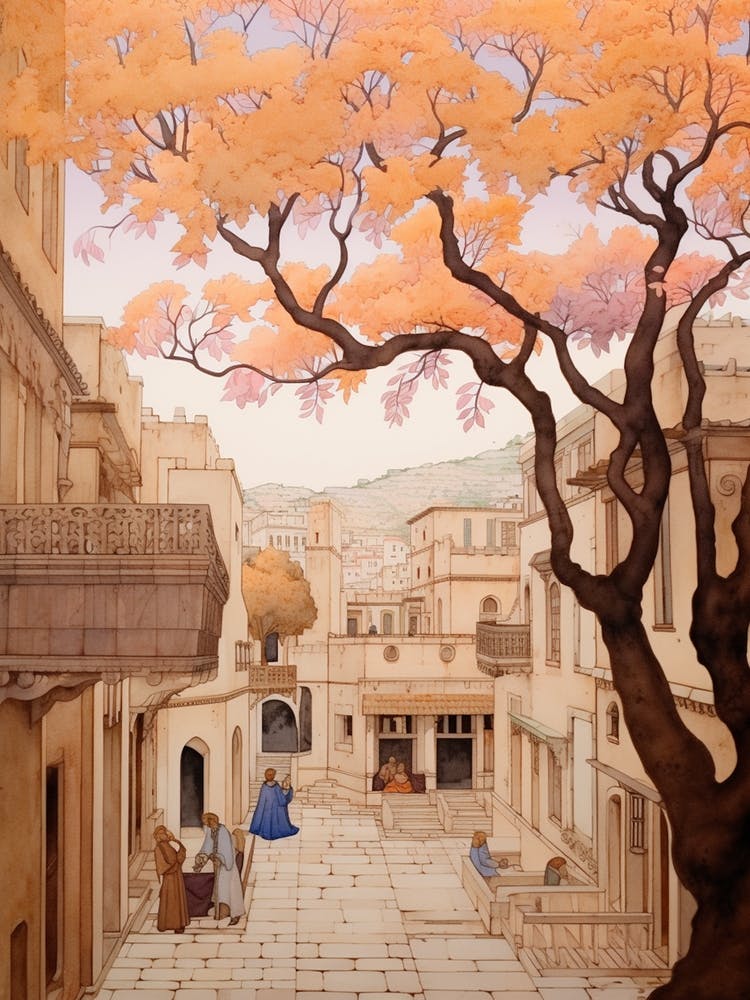 Rhodes Greece 1 Vintage Pink Travel Illustration