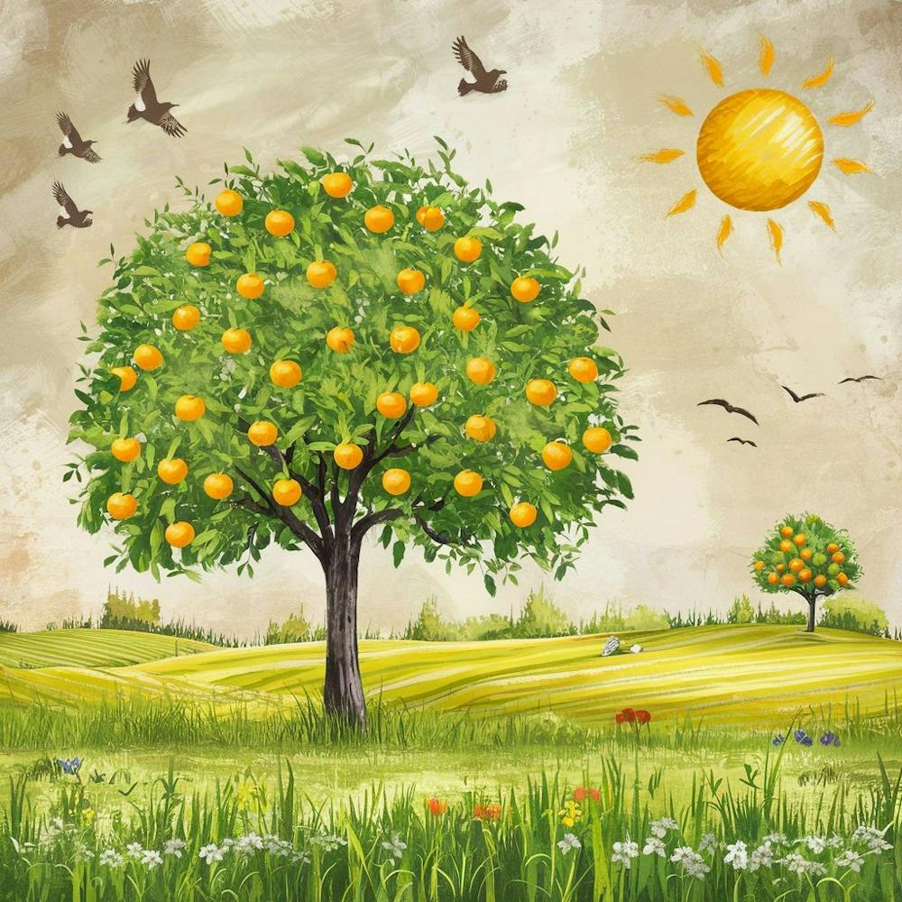 Orange Tree With Fruits In The Middle Of A Field