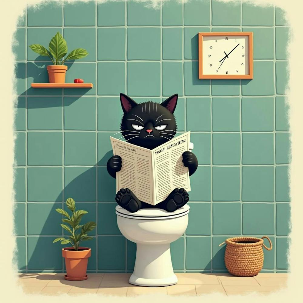 Black Cat Reading Newspaper On Toilet