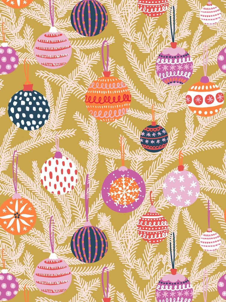 Vintage Christmas Baubles Holiday Multicolor Ornaments on Golden Yellow