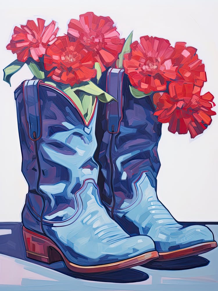 A Painting Of Cowboy Boots With Red Flowers, Fauvist Style, Still Life 5