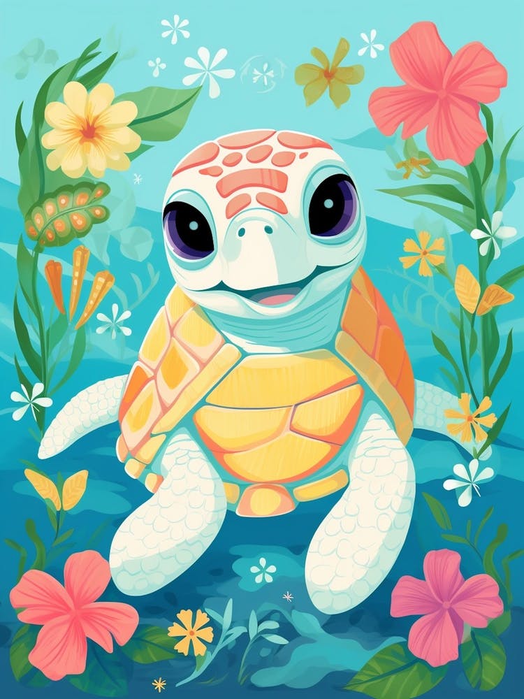 Cute Cartoon Sea Turtle And Tropical Flowers