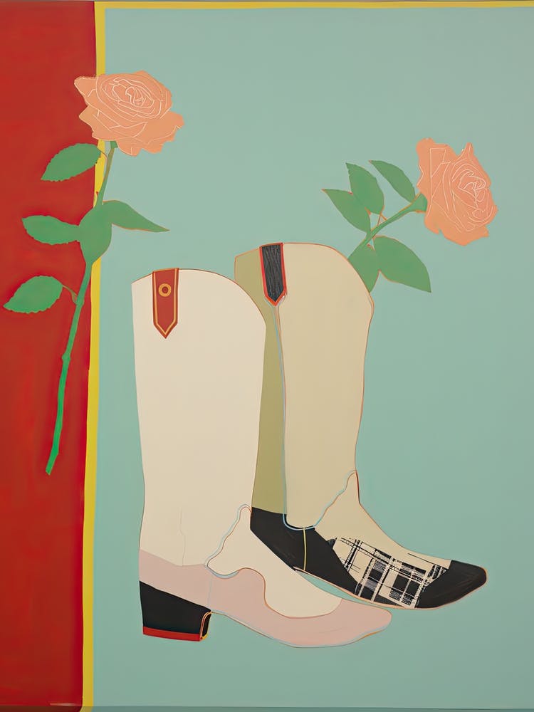A Painting Of Cowboy Boots With Red Flowers, Pop Art Style 6