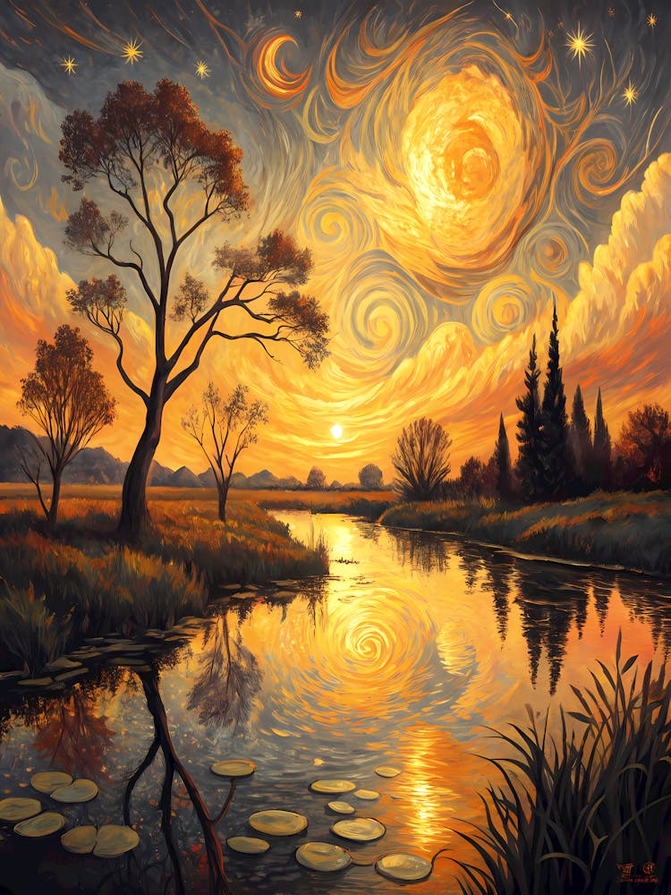 Van Gogh Sunset River Swirling Sky & Water Lilies