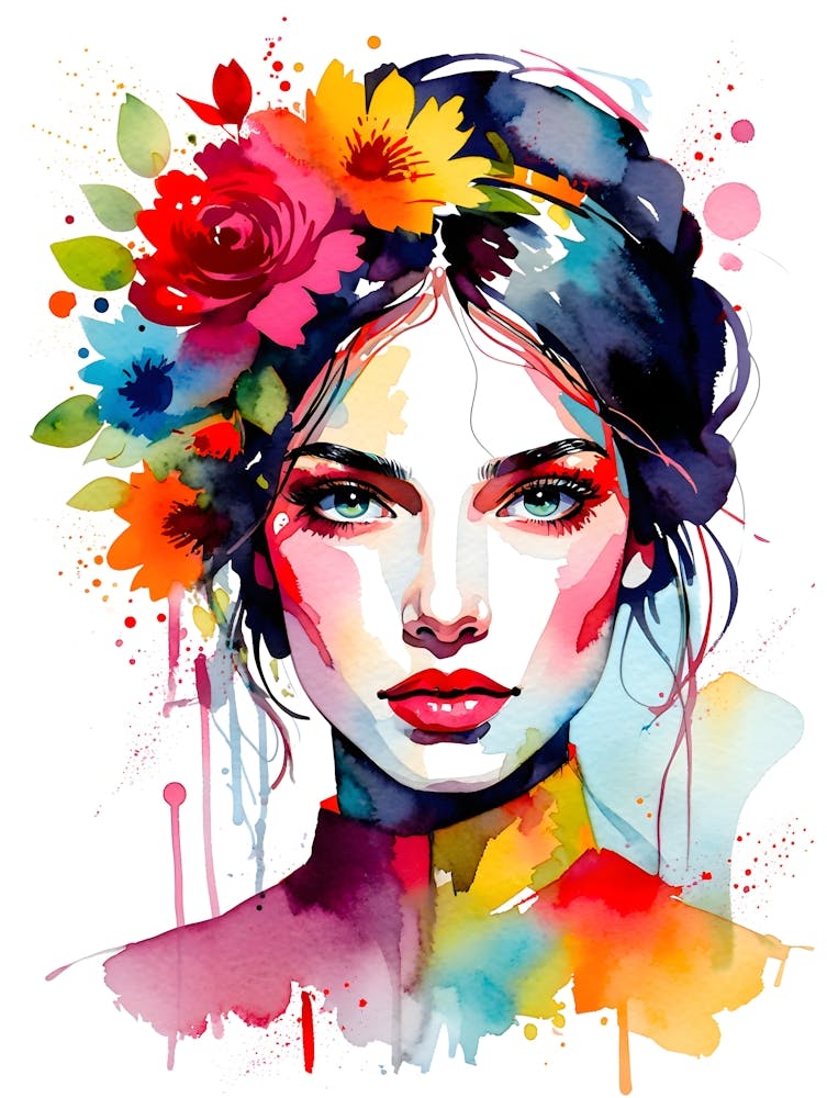 Expressive Watercolor Portrait Print - Woman with Colorful Flowers