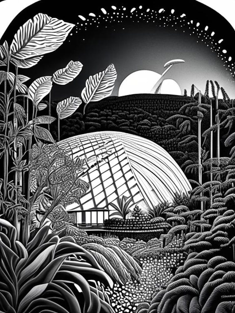 Eden Project, United Kingdom Linocut Black And White Vintage