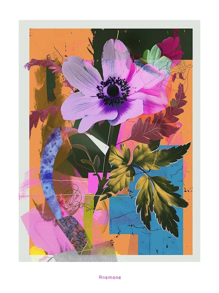 Anemone 2 Neon Flower Collage Poster