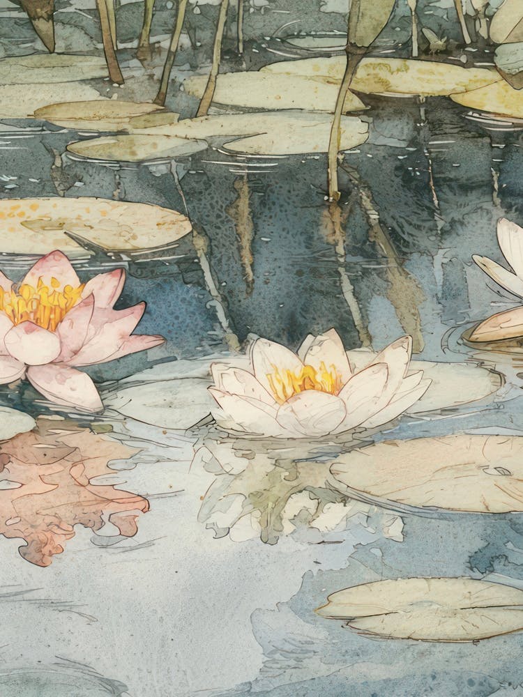 Water Lilies Print Vintage Flowers Pond Watercolour 2