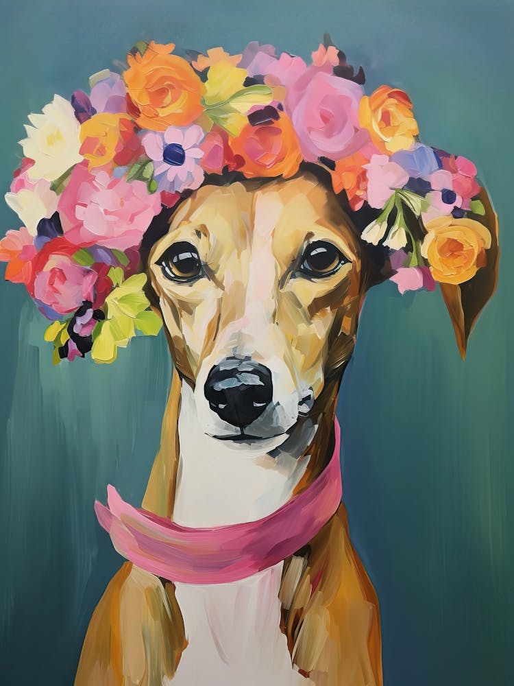 Whippet-Porträt mit Blumenkranz, Malstil Matisse 4