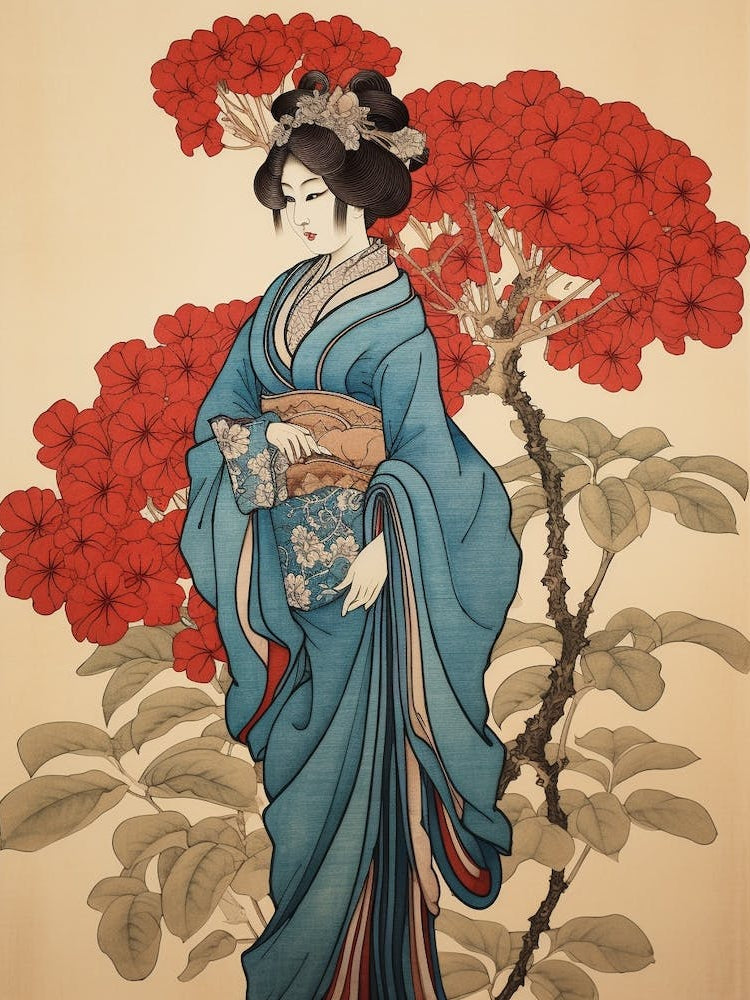Ajisai Hydrangea Vintage Japanese Botanical And Geisha