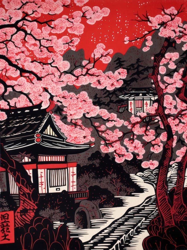 Kyoto Cherry Season Japan Linocut Illustration Style 3