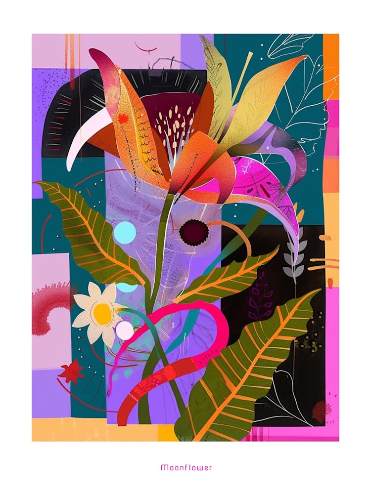 Moonflower 1 Neon Flower Collage Poster