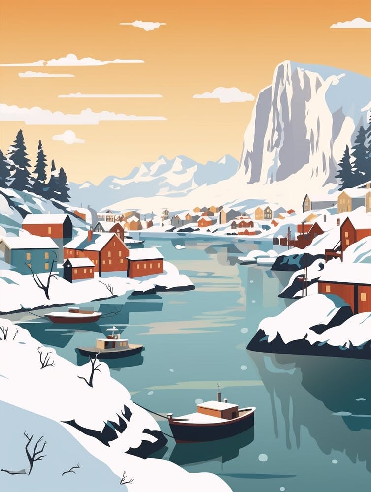 Vintage Winter Travel Illustration Lofoten Islands Norway 2