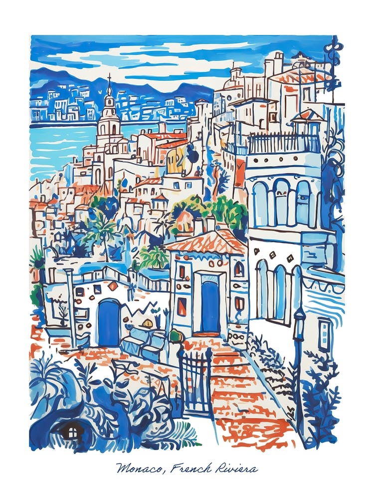 Monaco French Riviera Illustration Line Art Travel Blue