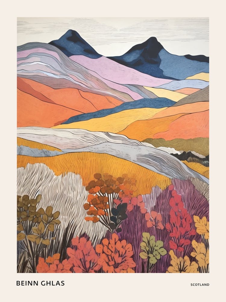 Beinn Ghlas Scotland Colourful Mountain Illustration Poster