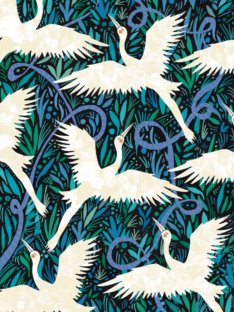 Blue Cranes Floral Pattern