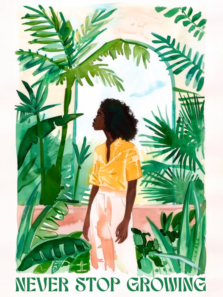 Never Stop Growing. Motivation Quote with Woman Portrait. Watercolor
