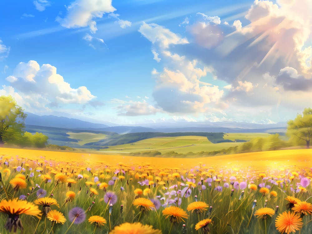 Amazing Meadow Covered In Dandelion Under Blue Sky