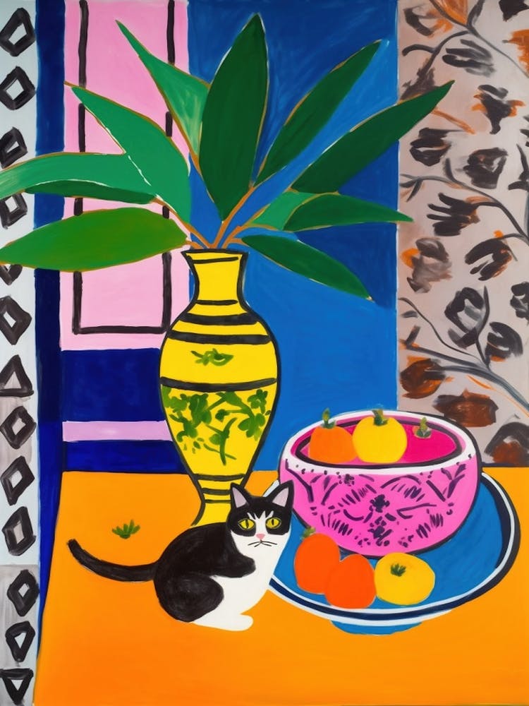 A Painting Of A Still Life Of A Bird Of Paradise With A Cat In The Style Of Matisse 1