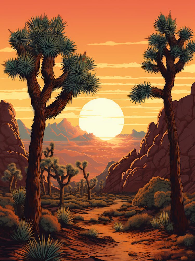 Illustration Rétro de Joshua Trees au Coucher de Soleil 4