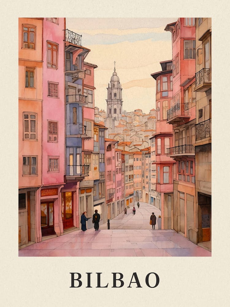 Bilbao Spain 2 Vintage Pink Travel Illustration Poster