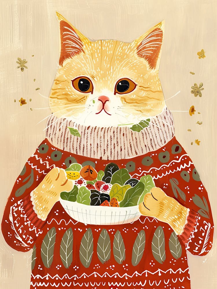 Adorable Chat Fauve Mangeant Une Salade Illustration Folk 3