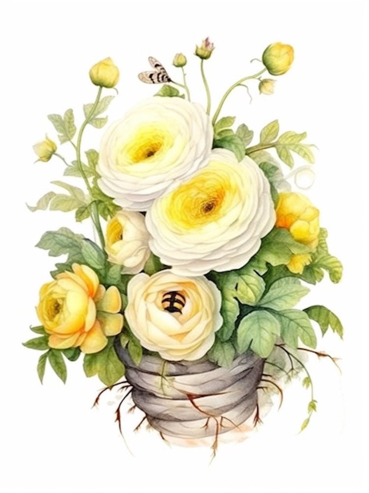 Beehive With Ranunculus Watercolour Illustration 3