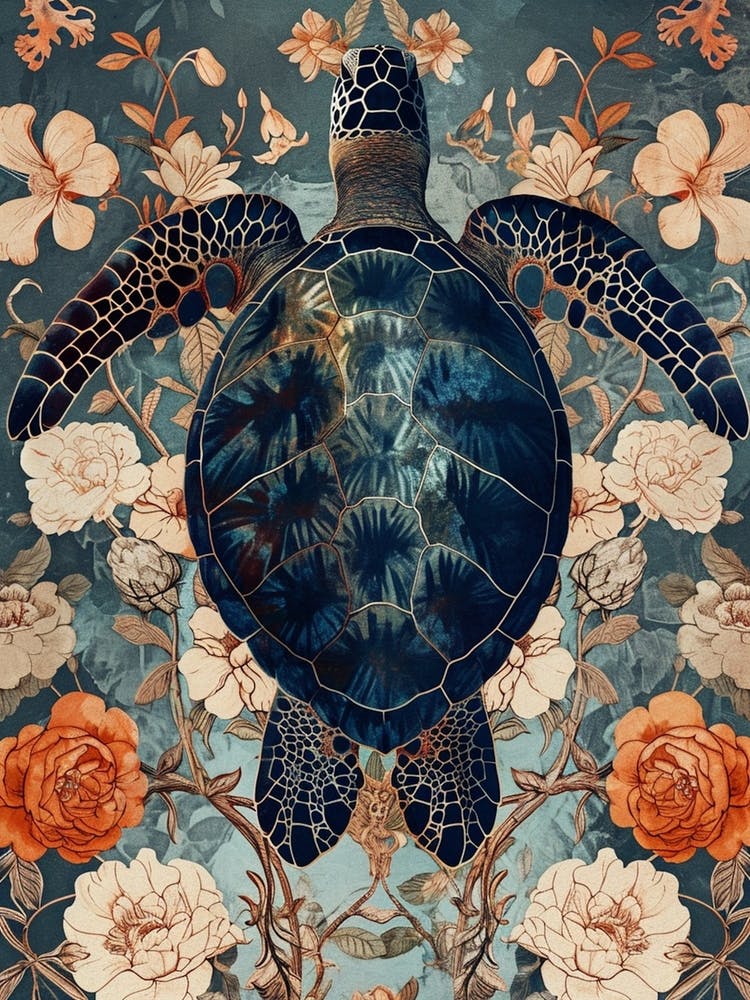 Tortue De Mer Florale Texturée Bleu & Sépia 3