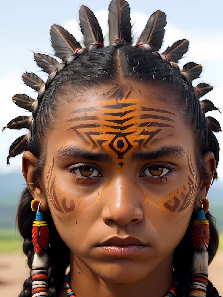 A Realistic Portrait Of A Young North American Native Girl