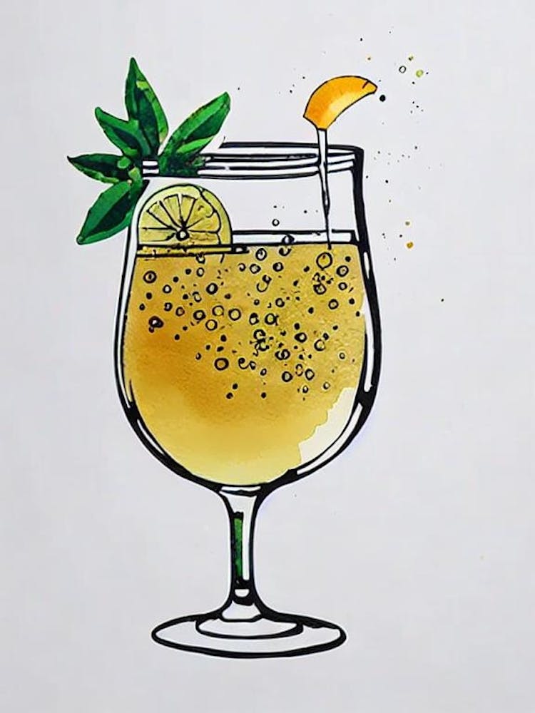 Champagne Minimal Line Drawing With Watercolour Cocktail Poster