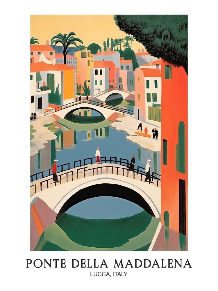 Ponte Della Maddalena, Lucca, Italy Colourful Travel Poster