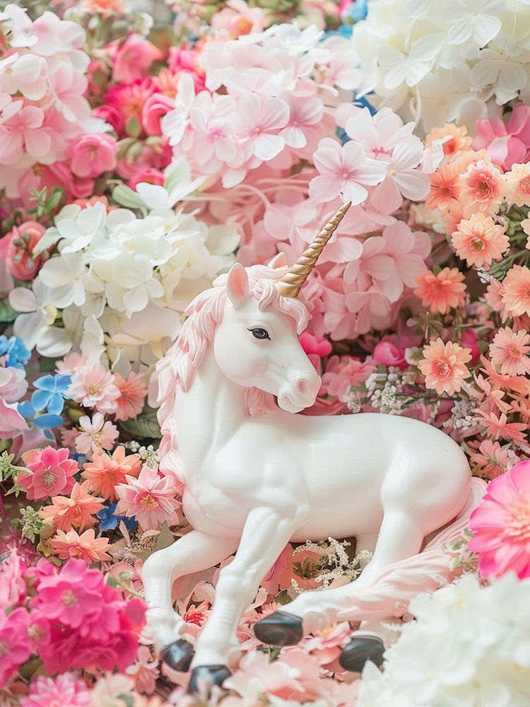 Toy Unicorn Surrounded By Flowers 1