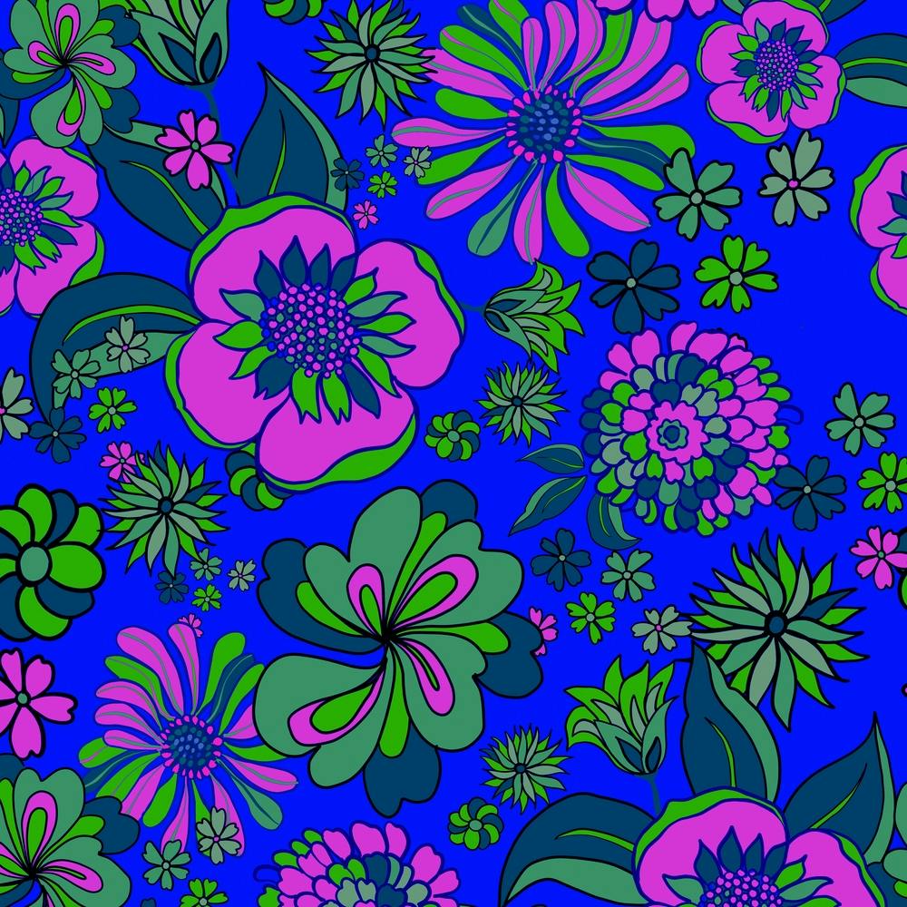 70s Bright Flowers Blue Pink Square