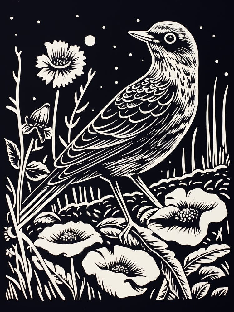 B&W Bird Linocut Lark 3