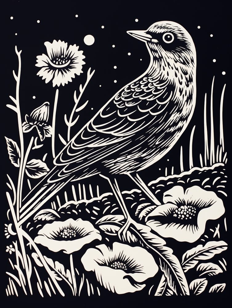 B&W Bird Linocut Lark 3
