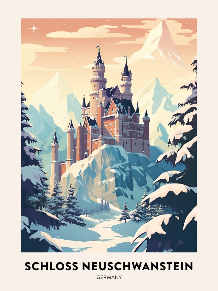 Vintage Winter Travel Poster Schloss Neuschwanstein Germany 3
