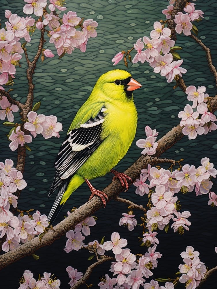 Ohara Koson Inspired Bird Painting American Goldfinch 1