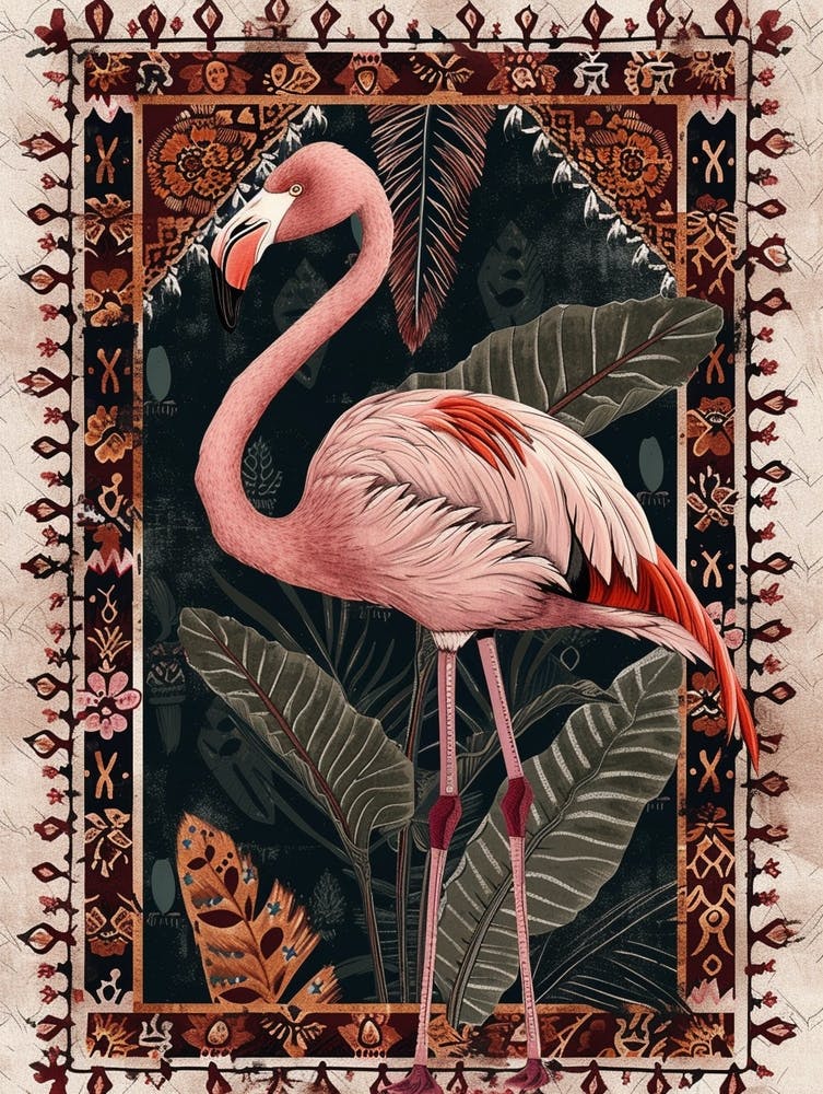 Greater Flamingo And Alocasia Elephant Ear Boho Print 3