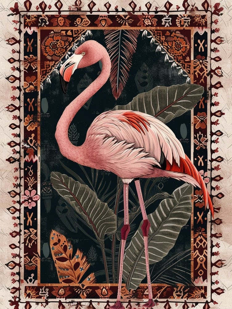 Greater Flamingo And Alocasia Elephant Ear Boho Print 3