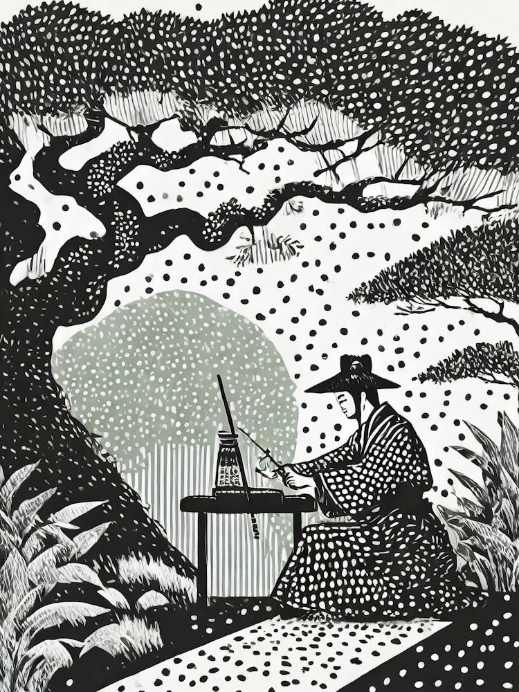 A Garden Scene With A Samurai Practicing Calligraphy pointillism