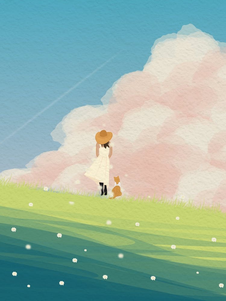 Minimal art View of girl in a green field