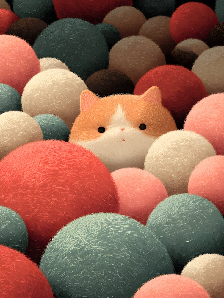 Adorable Plump Cat Surrounded by Soft Plush Balls