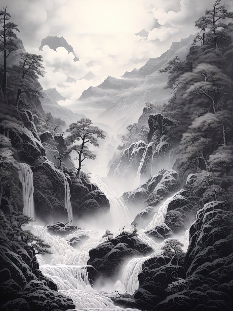 Shosenkyo Gorge In Yamanashi, Ukiyo E Black And White Line Art Drawing 2