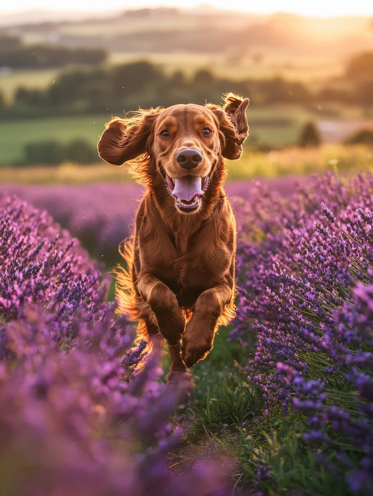Dog Running In Lavender Field. Generated AI.