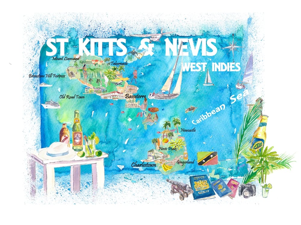 St Kitts Nevis West Indies Illustrated Travel Map With Roads And Highlights