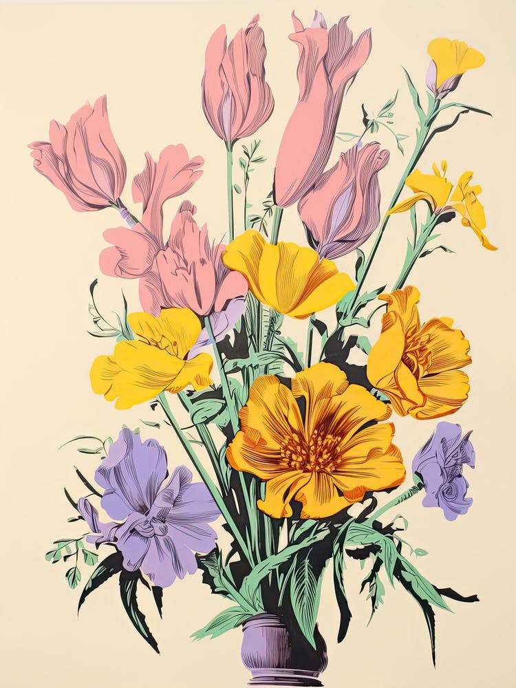 Colourful Flowers In A Vase In Risograph Style 11