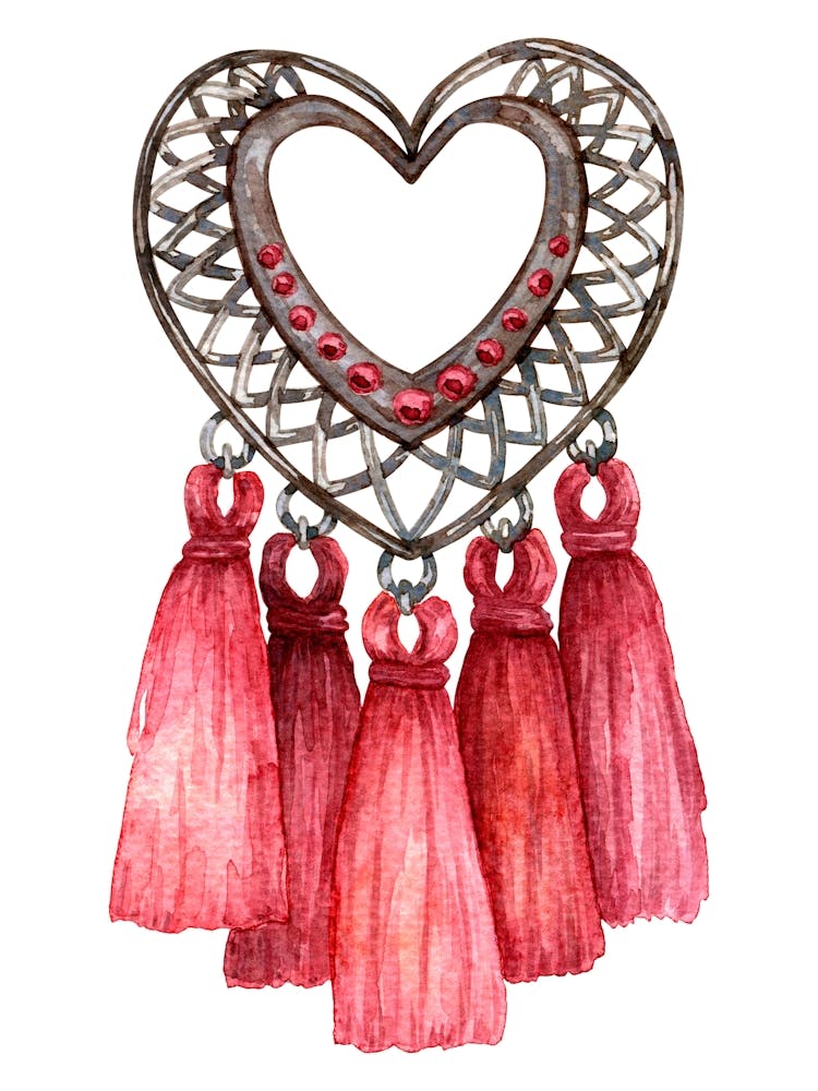 Watercolor Heart With Tassels Love Valentine's Day