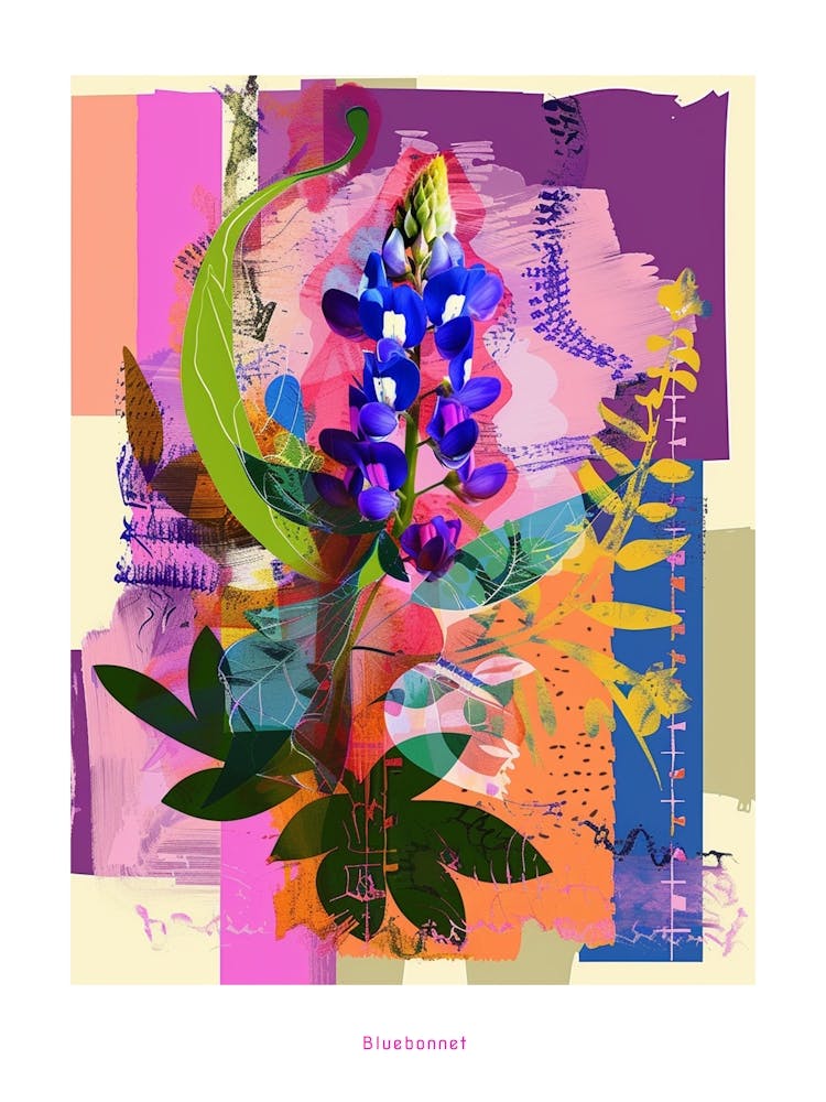 Bluebonnet 2 Neon Flower Collage Poster