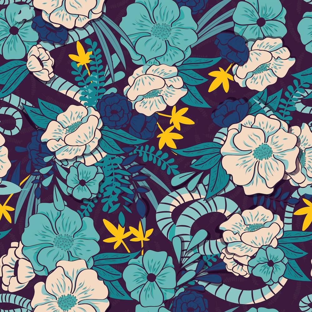 Flower And Floral Pattern On Purple With Blue And Yellow Decoration Square